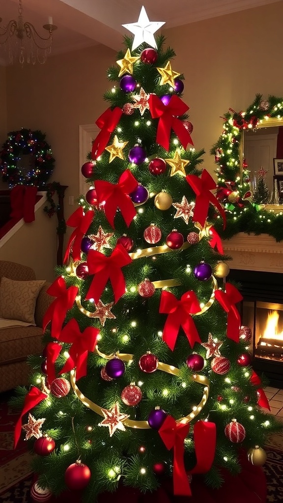 Christmas Tree Decoration with Red Bows A Christmas tree decorated with red bows and ornaments, set in a festive living room.